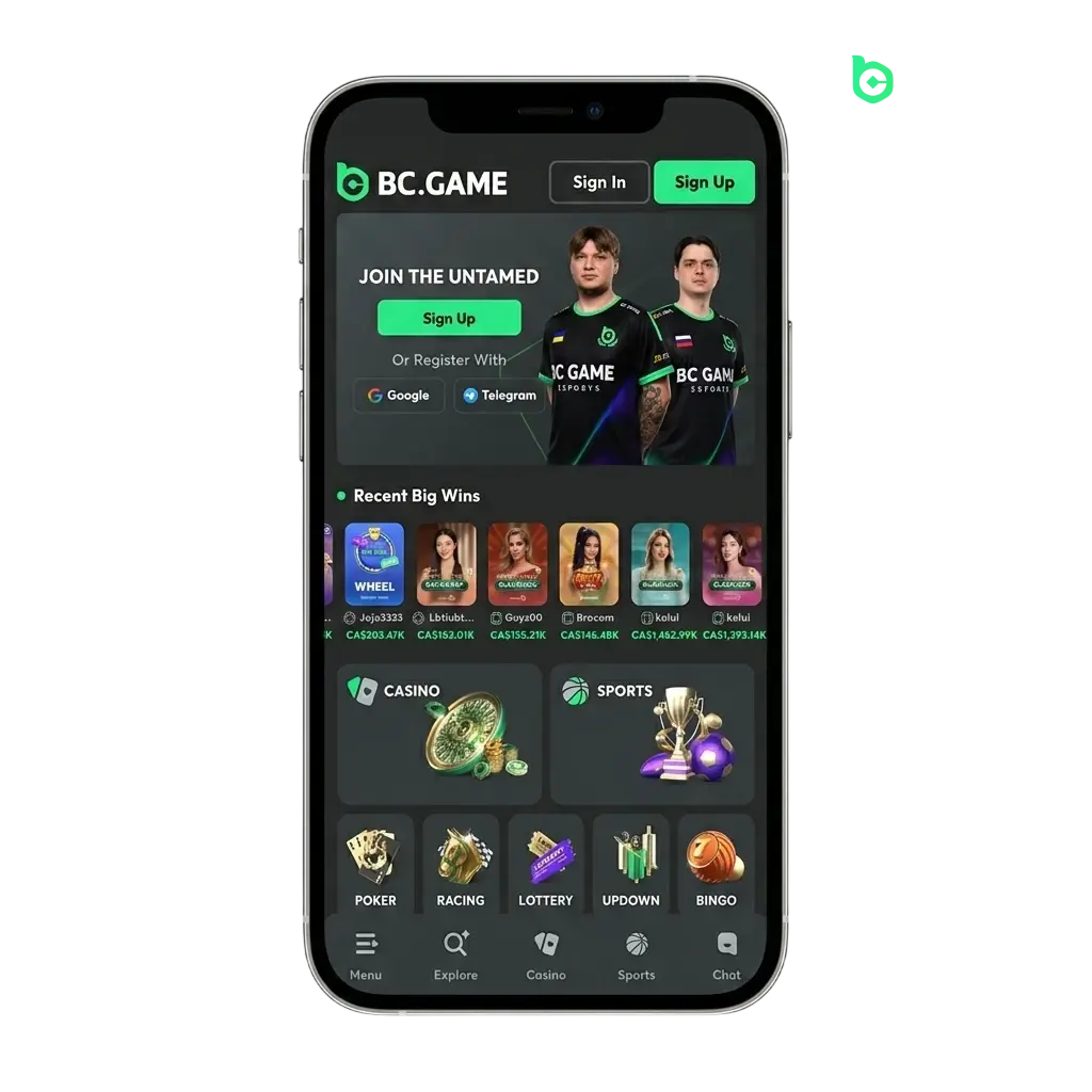 BC Game app download screen for Android APK and iOS PWA with casino games and sportsbook access